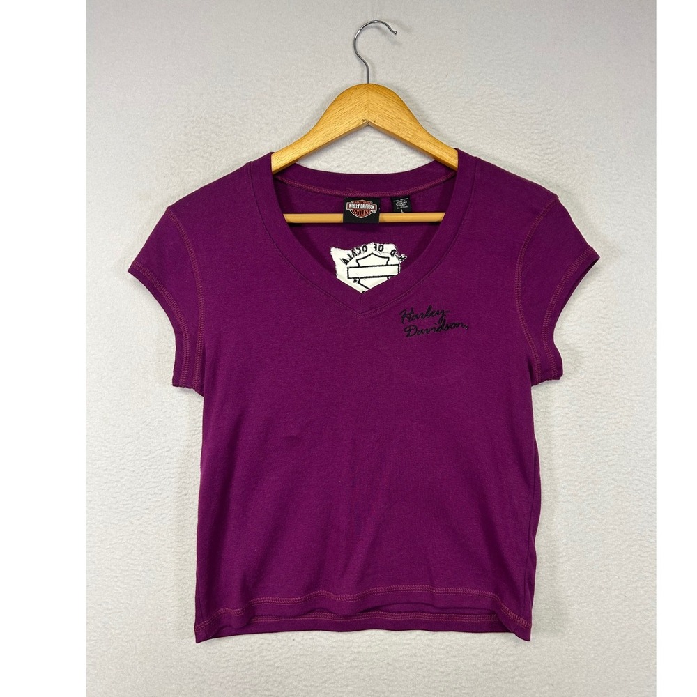 Biker Moto Harley-Davidson Womens Large Purple V-Neck Graphic Tee Ocala Florida